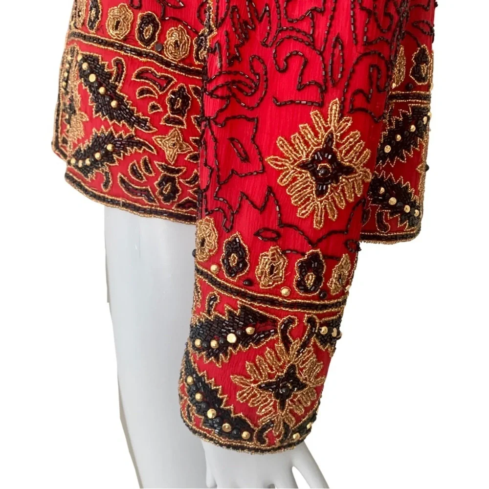 Adrianna Papell Boutique Evening Jacket Vintage 90’s Silk Beaded Red Gold 12 - Picture 9 of 16